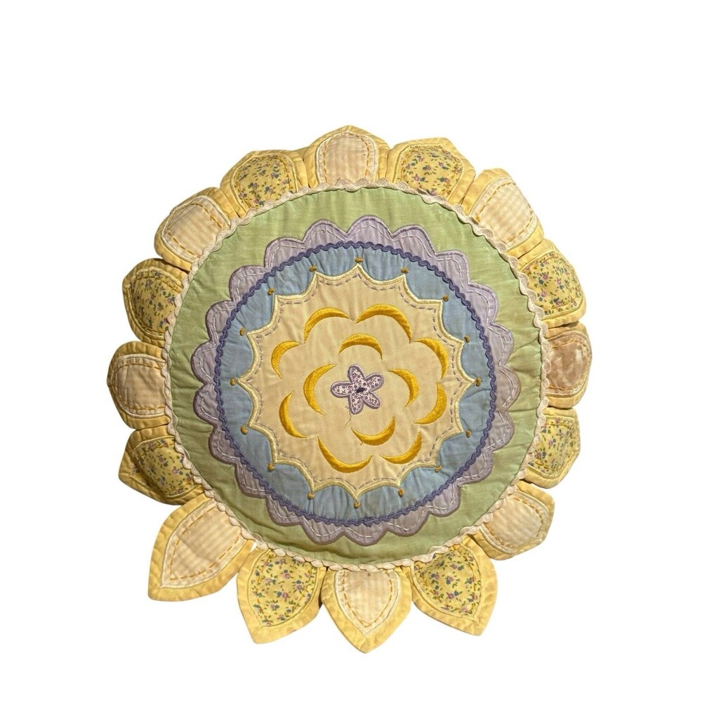 Pottery Barn Vintage Patchwork Quilted Pillow Floral Cottagecore Flower Sun